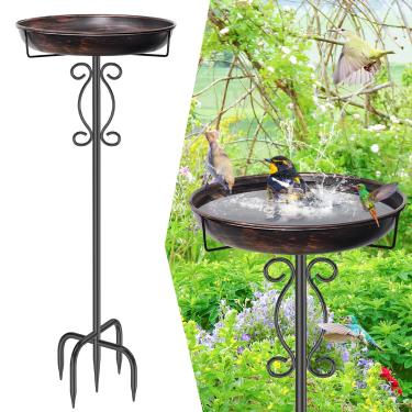 Imagem de jsyonii Banheira de pássaro de metal para exterior, banheiras de pássaros independentes vintage de 102 cm de altura, tigela de banho para pássaros ao ar livre com base robusta de 5 pontas para