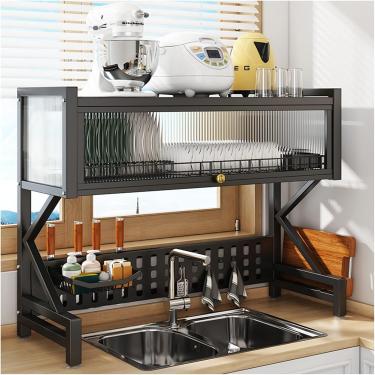 Imagem de 2 Camadas Sobre Pia Rack De Secagem De Pratos, Multifuncional Expansível Organizador De Armazenamento Escorredor Prateleira Titulares Ganchos, Com Porta De Armário, Black, 65x34.5x82cm