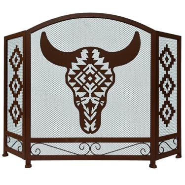 Imagem de BestGiftEver Tela De Lareira Decorativa Com 3 Painéis E Design Tribal Caveira Touro Do Sudoeste - Proteção Independente Para Em Malha Metálica Estilo Cabana Rancho, Nativo Americano