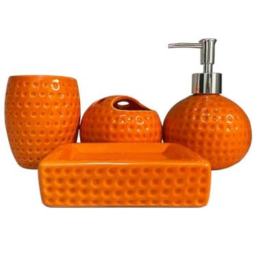 Imagem de XIRYAER Conjunto De Acessórios Para Banheiro, Laranja, 4 Peças Decoração Cerâmica Com Dispensador Sabonete Líquido, Porta-Escovas Dentes, Prato, Copo