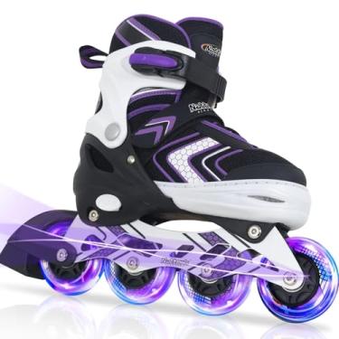 Imagem de Patins em linha ajustáveis para meninas, patins de patins com todas as rodas iluminadas para crianças grandes, roxo, tamanho 1, 2, 3, 4
