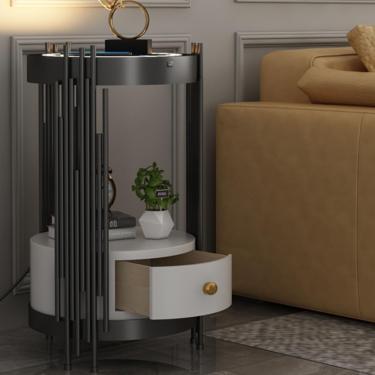Imagem de Mesa De Cabeceira Led Inteligente Com Gavetas, Mesa Lateral Redonda De Sofá De 14 Polegadas Com Estação De Carregamento De Porta Usb, Mesa De Café Pequena, Mesa Lat, Black, White drawers