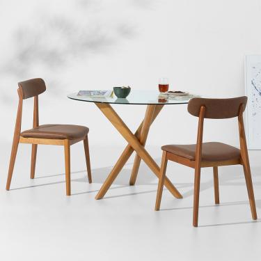 Imagem de Conjunto Mesa de Jantar Thai Redonda Vidro Incolor - 1,10m + 2 Cadeiras Nord Encosto Estofado - Cognac