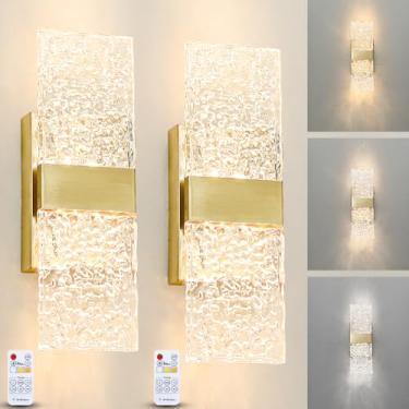 Imagem de Ditoon Arandela Moderna De Latão Escovado Operada Por Bateria, Luminárias De Cristal Transparente Para Quarto, Conjunto De Duas Luminárias De Parede Douradas Recarregáveis, Luminária De Parede Led A