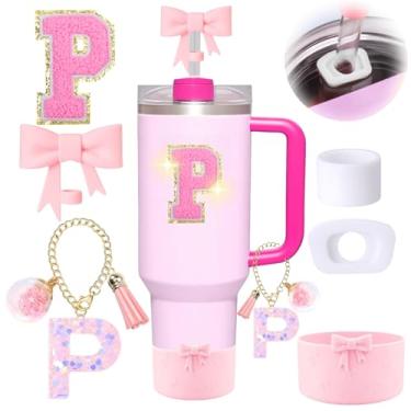 Imagem de 6 peças de acessórios rosa para copo Stanley, decorações para copo de 30/1,134 g com alça, inclui tampa e bota de cobertura de palha de laço, pingente de iniciais, adesivo de letra, tampa à prova de
