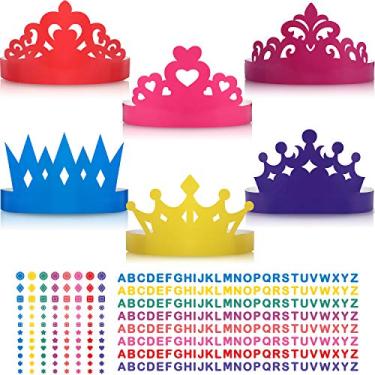 Imagem de 12 peças de kit de artesanato de tiara de princesa príncipe coroa de papel, chapéus de festa, coroa de aniversário, suprimentos de lembrancinha com 8 adesivos para crianças e adultos