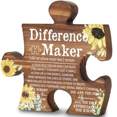 Imagem de Presente inspirador Difference Maker – Uma pessoa dedicada que pode causar um grande impacto, decoração de escritório motivacional, peça de quebra-cabeça de girassol, placa de madeira, 14 x 13 cm