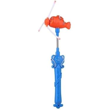 Imagem de Ventilador Catavento Infantil com LED Musical, Peixe Laranja e Azul, Haste Extensível