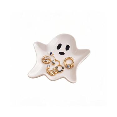 Imagem de Yzikema Bandeja de joias para mulheres, bandeja de cerâmica fantasma fofa, bandeja de armazenamento de joias, pequena travessa decorativa para quartos e salas de estar adequados