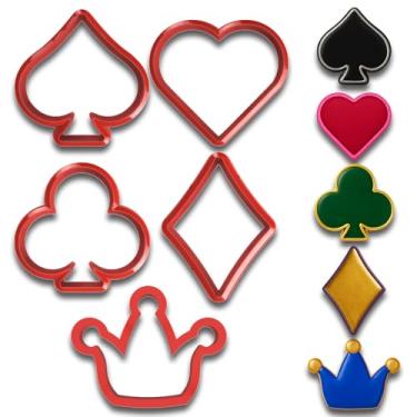 Imagem de Conjunto de cortador de biscoito e cortador de fondant de pôquer – 5 peças (coração, pá, diamante, clube, chapéu de coringa) – 5 centímetros cada – Perfeito para cassino e jogos noturnos