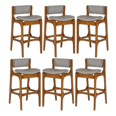 Imagem de Kit 6 Banquetas Alta Ella em Madeira Estofada Facto Cinza Claro L96 RMI