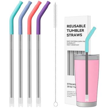 Imagem de Soledea Pacote com 4 canudos de metal retos de 590 ml com ponta de silicone para copo de 590 ml, canudo de metal reutilizável de aço inoxidável para YETI, STANLEY, US Acrylio, BJPKPK, Simple Modern e