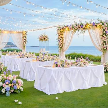 Imagem de Besutolife Toalha de mesa de tule branca para mesas retangulares de 1,2 m, 3 lados para festa de casamento, aniversário, chá de panela, branco, tutu com babados, decorações de mesa de jantar e