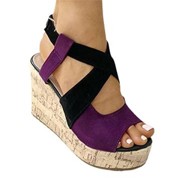 Imagem de Sandálias de cunha para mulheres verão, moda, dedo aberto, sandálias de plataforma boca de peixe, casual, antiderrapante, Alpercatas, para todos os tipos de roupas como Jean(Purple,39 EU)