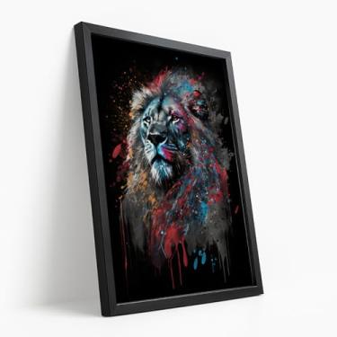 Imagem de Quadro Decorativo Com Moldura Leão Colorido Tinta Abstrata Arte Moderna Animal Selvagem Parede Sala Escritório Quarto Presente