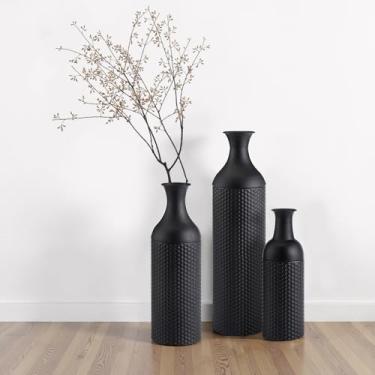 Imagem de Conjunto de 3 vasos altos de metal grandes decorativos pretos martelados vasos cilíndricos rústicos com design de encaixe para sala de estar, entrada, lareira, corredor ou canto de casa