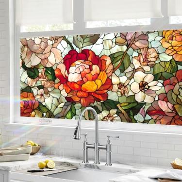 Imagem de BVBOX Película de privacidade para janela 44,5 cm x 99,8 cm, flores manchadas com bloqueio solar, adesivo de vidro decorativo não adesivo para controle de calor de porta doméstica, flor de vidro