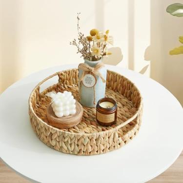 Imagem de JS HOME Bandeja de servir com alças, bandeja decorativa de vime para sala de estar, bandeja de mesa de café moderna, travessas redondas grandes para decoração de casa, otomano, cama, cozinha, banheiro