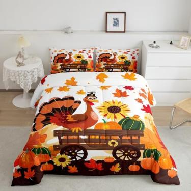 Imagem de Feelyou Jogo de cama de outono para meninas, meninos, crianças, tamanho casal, folhas de bordo, abóbora, decoração de quarto, peru de graças, margarida, conjunto de edredom branco e laranja