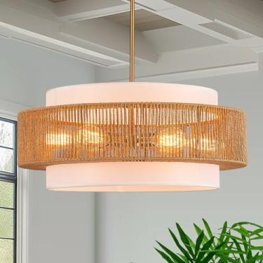 Imagem de Widluth Lustre de vime de 59,9 cm com linho boho casa de fazenda lustres de bambu tecido à mão luminária vintage moderno tambor vime vime lustre de ouro de vime para sala de jantar, cozinha, sala de