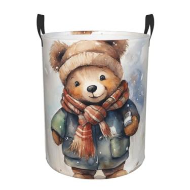 Imagem de Urso com cachecol cesto de roupa suja dobrável à prova d'água cesto de armazenamento de roupas com alças pano oxford organizador de brinquedos cesta para banheiro, lavanderia, quarto, médio
