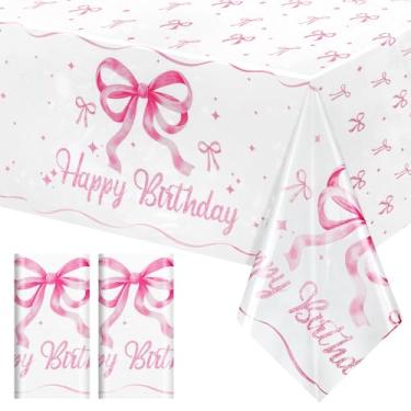 Imagem de Just Shimmer Pacote com 2 toalhas de mesa estampadas com laço rosa e feliz aniversário, capas de mesa descartáveis de 137 x 272 cm para aniversários, noivas, chás de bebê e despedidas de solteira