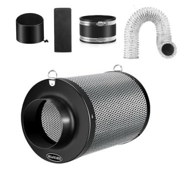 Imagem de MELONFARM Filtro de ar de carbono de 10 cm, controle de cheiro com carvão virgem australiano, remoção de odor para barraca de cultivo, ventilador em linha, dutos de 2,8 m, capa de resfriamento e