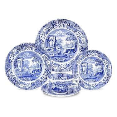 Imagem de Spode Conjunto de 5 peças italiano azul | Prato de jantar, prato de salada, prato de pão e manteiga, xícara de chá e pires | Seguro para lava-louças | Feito na Inglaterra de cerâmica fina
