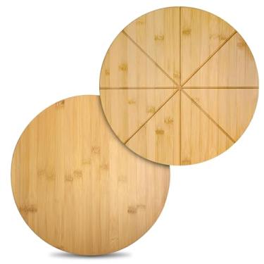 Imagem de TUOCON Tábua de corte redonda de 30,5 cm, tábua de corte de pizza com ranhuras de corte dupla face, bandeja de pizza de bambu de 30,5 cm, bandeja de servir, acessórios para forno de pizza, tábua de