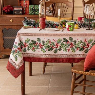 Imagem de Softalker Toalha de mesa quadrada jacquard de Natal, toalha de mesa vintage de inverno à prova d'água, capa de mesa de tecido de fazenda de Natal para férias, jantar, decoração de festa, azevinho 152