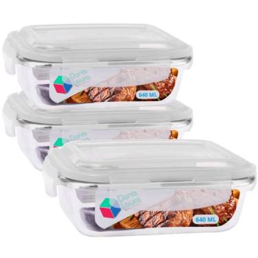 Imagem de Jogo 3 Potes Marmitas Fitness 640ml Vidro Retangular Tampa Hermetico