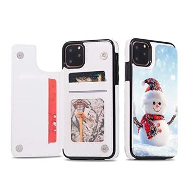 Imagem de Capa carteira de couro flip de Natal compatível com Apple iPhone 7/8/SE 2020 capa de telefone com suporte de cartão PU suporte, fecho magnético duplo à prova de choque capa padrão de Natal (boneco de neve sorridente)