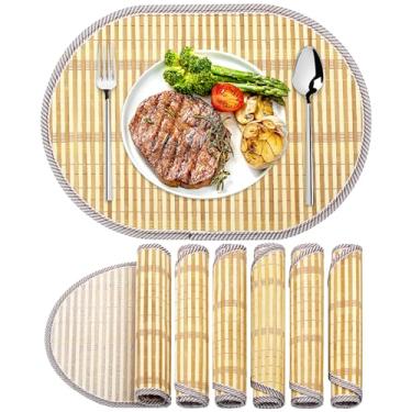 Imagem de fanquare Jogo americano oval estilo japonês, conjunto de 6 tapetes de mesa com borda de tecido de bambu, durável e resistente, lavável para sala de jantar e cozinha, marrom