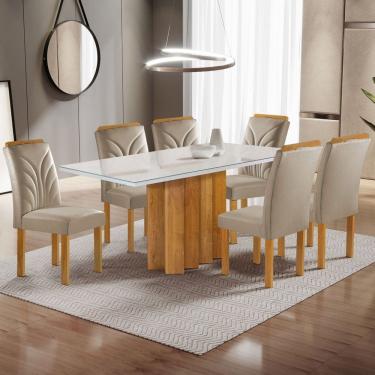 Imagem de Mesa de Jantar 6 Lugares Dakota com Vidro Off White Cinamomo/Off White/Veludo Bege Claro - Cel Móveis