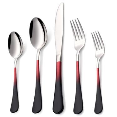 Imagem de Lekoton Conjunto de talheres 18/0 com 20 peças, preto, vermelho e prata, inclui faca de jantar, garfos de jantar, colheres de jantar, garfos de salada, colheres de chá, conjunto de talheres para 4
