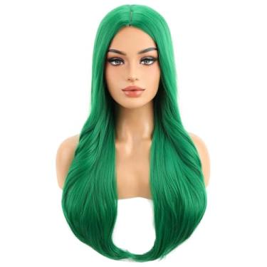 Imagem de BERON Perucas verdes longas onduladas para mulheres, verde escuro, meninas, encaracolado, resistente ao calor, perucas de cabelo sintético para uso diário com touca de peruca