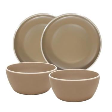 Imagem de Kit Mesa Posta 2 Pratos De Sobremesa + 2 Bowls Tigelas De Melamina Resistente e Elegante (BEGE)