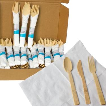 Imagem de Conjunto de talheres de bambu descartáveis com guardanapos pré-enrolados, pacote com 30, 90 peças de garfos, facas e colheres pacote de talheres