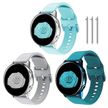 Imagem de TOOLAIK Compatível com as pulseiras Samsung Galaxy Watch Active 2 40 mm/44 mm, Galaxy Watch 3 bandas 41 mm, Galaxy Watch Active Bands 40 mm, Galaxy Watch Bands 42 mm, 20 mm pulseira esportiva de silicone feminino masculino (azul claro/cinza/rock ciano)