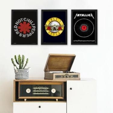 Imagem de Kit 3 Quadros Rock Band 33x24cm - Vidro e Moldura Branca - Quadros On-
