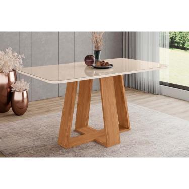 Imagem de Mesa p/ Cozinha Lins SC92 c/ Tampo Madeirado c/ Vidro Curvo 160x90cm Nature/Off White -...