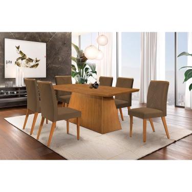 Imagem de Conjunto: Mesa Sala Jantar Luna c/ Tampo Madeirado Canto Curvo 180x90cm e 6 cadeiras Amsterdã Imbuia/Suede Capuccino - Rufato