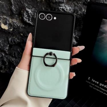 Imagem de Capa de celular de couro macio com anel de metal fosco para Samsung Z-Flip 6 5 4 3, com carregamento sem fio e proteção antiderrapante (para Galaxy Z Flip5/verde)