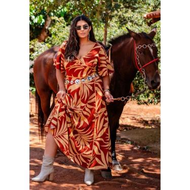 Imagem de Vestido Plus Size Estampado Decote V Marrom
