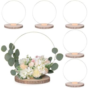 Imagem de Leinuosen 6 conjuntos de argola floral de metal de 30,5 cm com suporte para mesas, anel de guirlanda de ouro e 6 peças de 23,5 a 25,4 cm, inacabado, redondo, natural, paulownia, fatias de madeira para