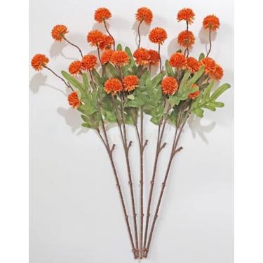 Imagem de NMAIYA Flores falsas, pompom, mãe, 5 peças de flores artificiais laranja com hastes de crisântemo de seda, mini bolas de crisanto, volume para decoração floral de buquê DIY