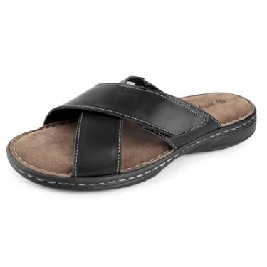 Imagem de TIESTRA Sandálias masculinas de couro Napa, sandálias sociais macias com palmilha de espuma viscoelástica, confortável e leve para o verão, praia, uso interno e externo, calçado casual, Preto