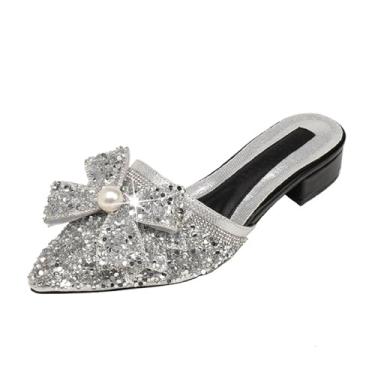 Imagem de Sandálias femininas de salto baixo com laço de strass pérola bico fino bico fino confortável salto bloco frente única sem cadarço para festa encontro casamento moda slides, Pérola prata, 38