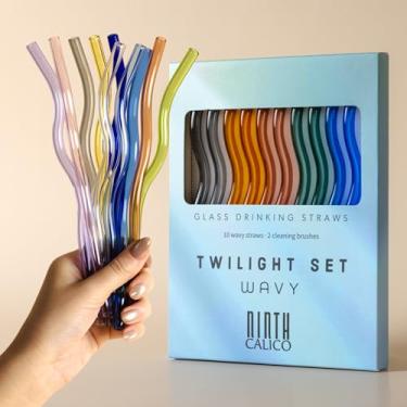Imagem de Pacote com 10 canudos de vidro ondulados reutilizáveis – Coloridos, duráveis – Inclui 10 canudos ondulados e 2 escovas de limpeza – para smoothies, café gelado (conjunto crepúsculo)