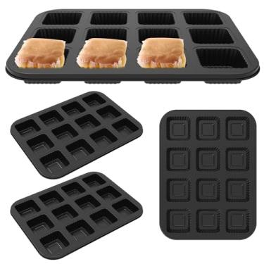 Imagem de DJAPWPX 4 formas quadradas de aço carbono para muffin, antiaderente, forma de cupcake com 12 cavidades, bandeja multiuso fácil de limpar com borda ondulada para assar no forno